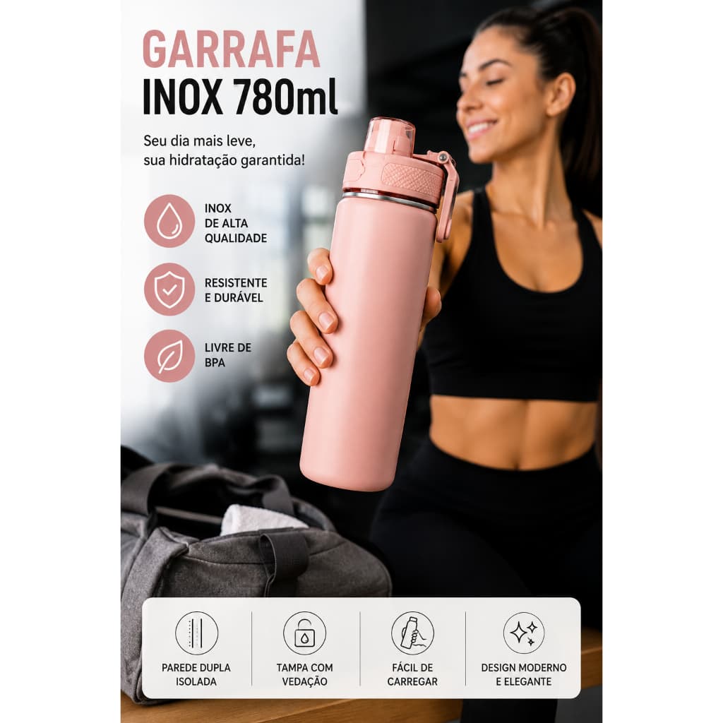 Garrafa Térmica Inox 780ml Parede Dupla Mantém Gelado e Quente Tampa Rosca Livre de BPA Amarela/Rosa
