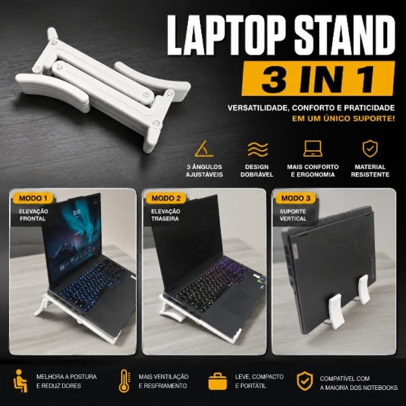 Suporte para Notebook 3 em 1 Dobrável Ajustável | Base Ergonômica Portátil para Notebook| Compacto e Resistente