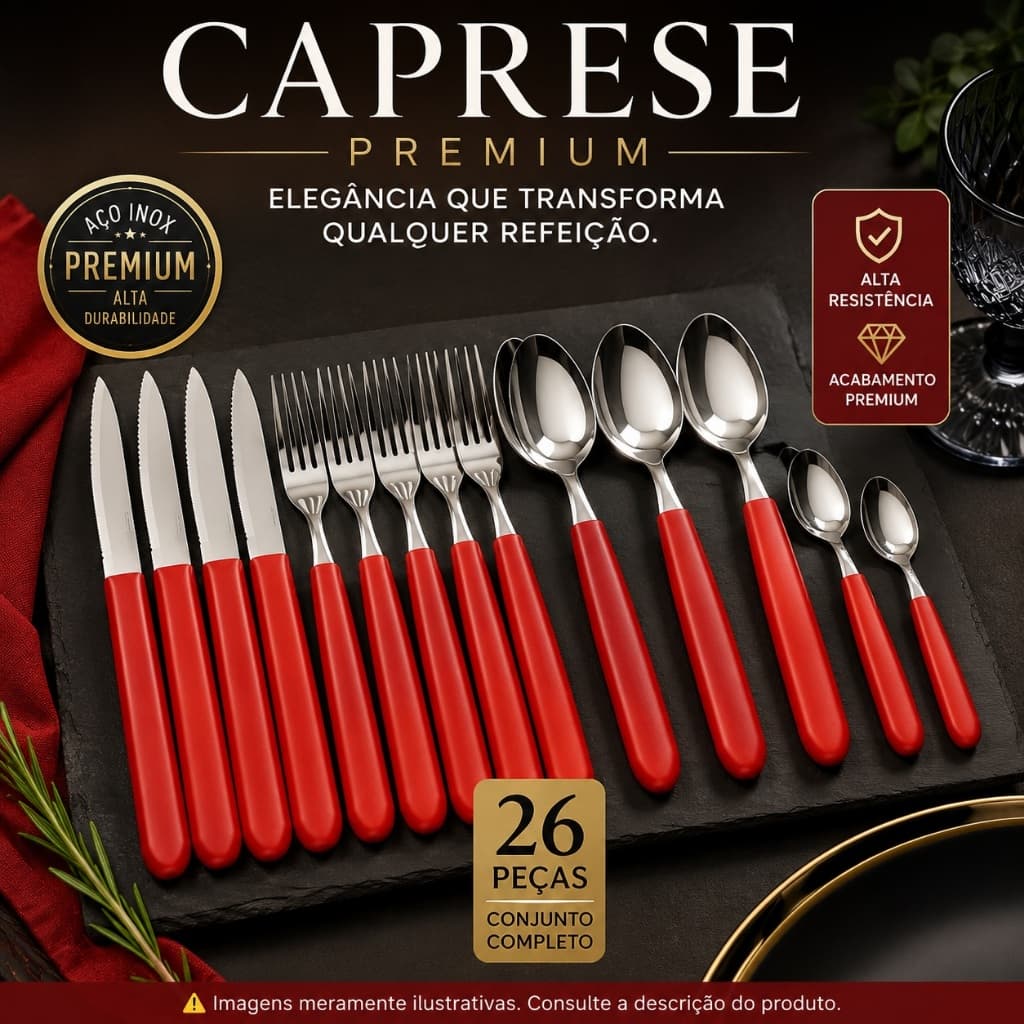 Conjunto de Talheres Caprese 26 Peças Faqueiro Inox Vermelho Premium Completo para Cozinha