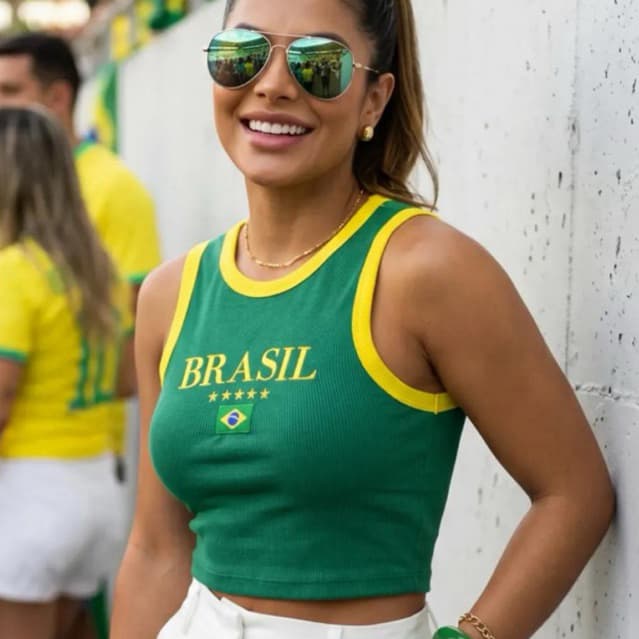 Blusa Brasil Regata Seleção Copa do Mundo Cropped Feminino Bordada Toque Macio Canelado