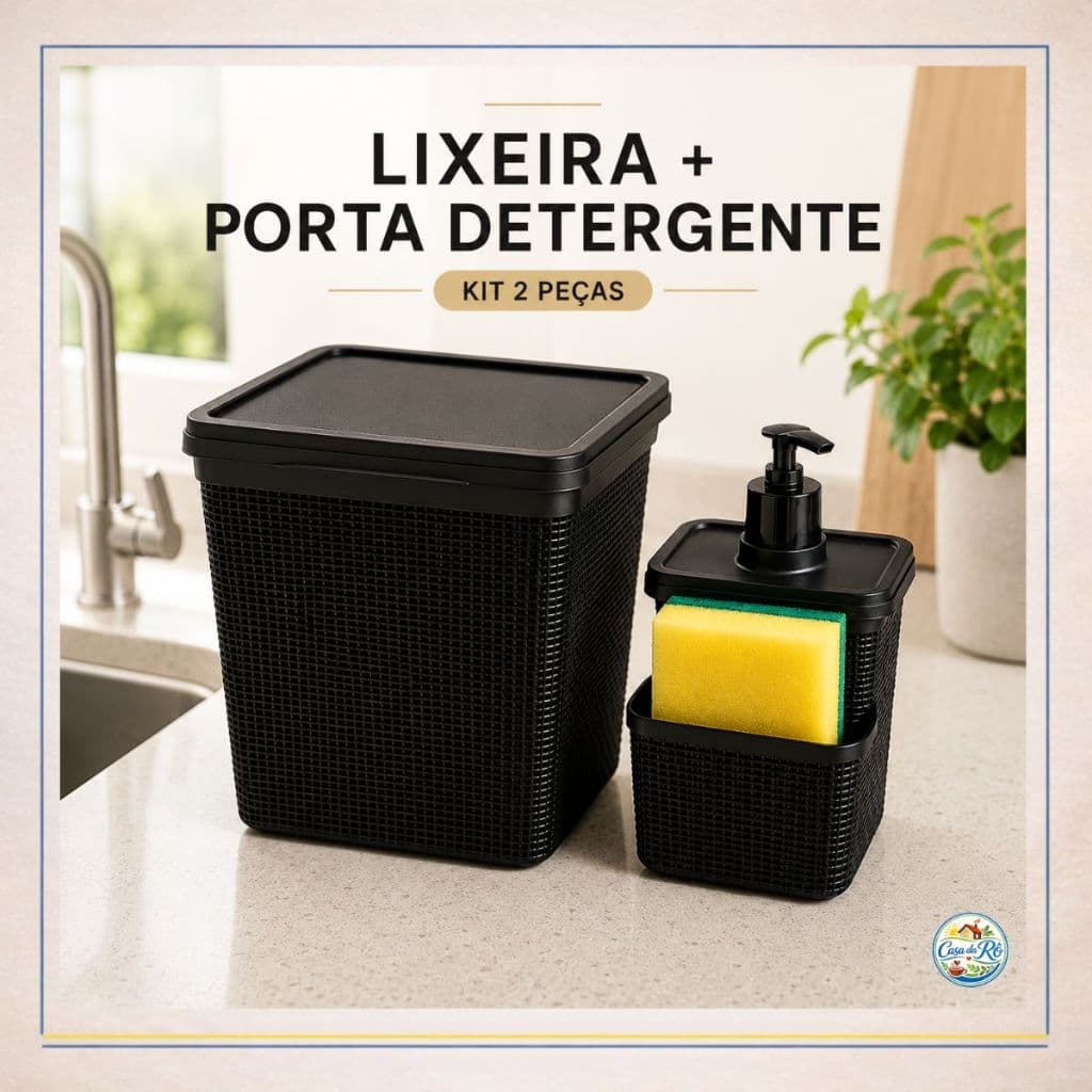 Kit Organizador de Pia Lixeira 3,7L com Tampa Porta Detergente com Porta Esponja Cozinha Multiuso