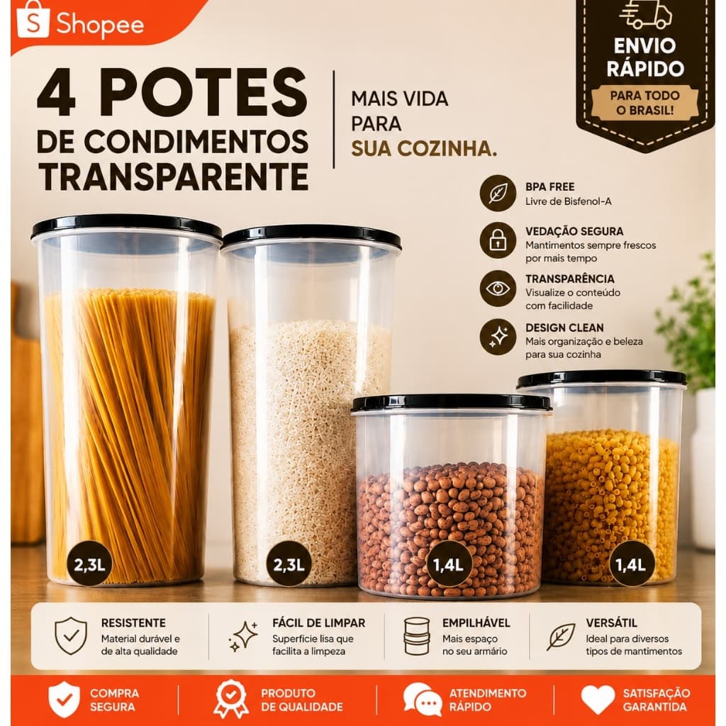 Kit 4 Potes Plásticos Transparentes Litro Cozinha Porta Mantimento Organização pronta entrega