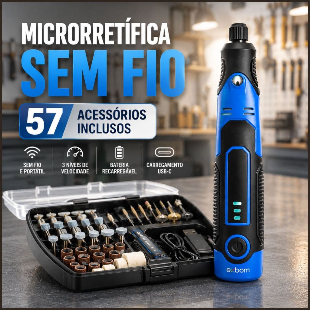 Mini Retífica Sem Fio 57 em 1 para Corte Polimento Lixamento e Gravação