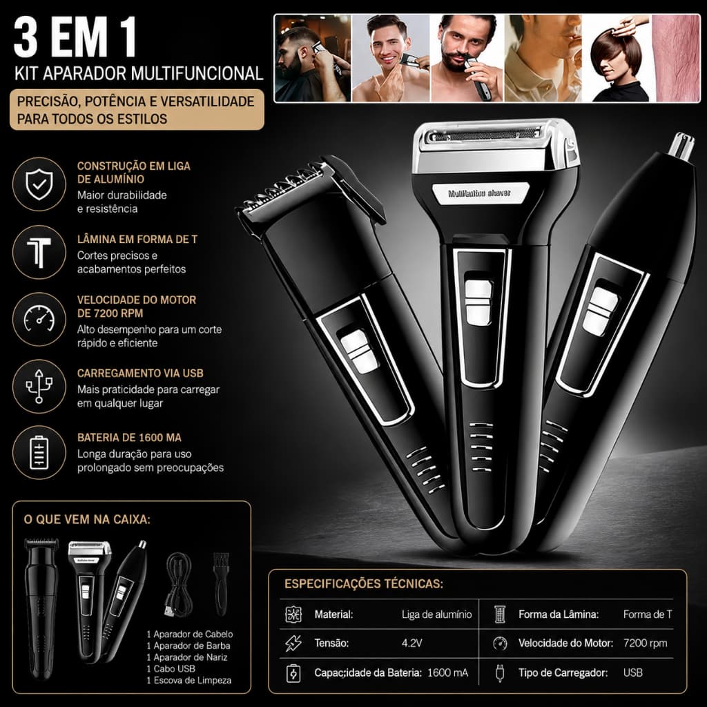 Aparador Elétrico 3 Em 1 KEMEL Barba Cabelo Nariz Recarregável Sem Fio USB Masculino