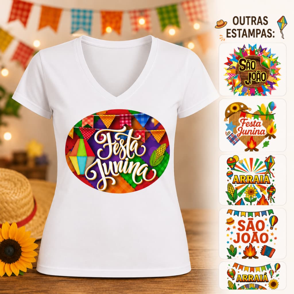 Camiseta Festa Junina Feminina Baby Look Gola V São João Arraiá Blusa Junina Estampada Personalizada