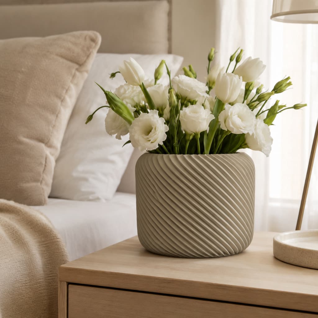Vaso Cachepot Decorativo Cinza com Textura Espiral Moderna em PLA Premium