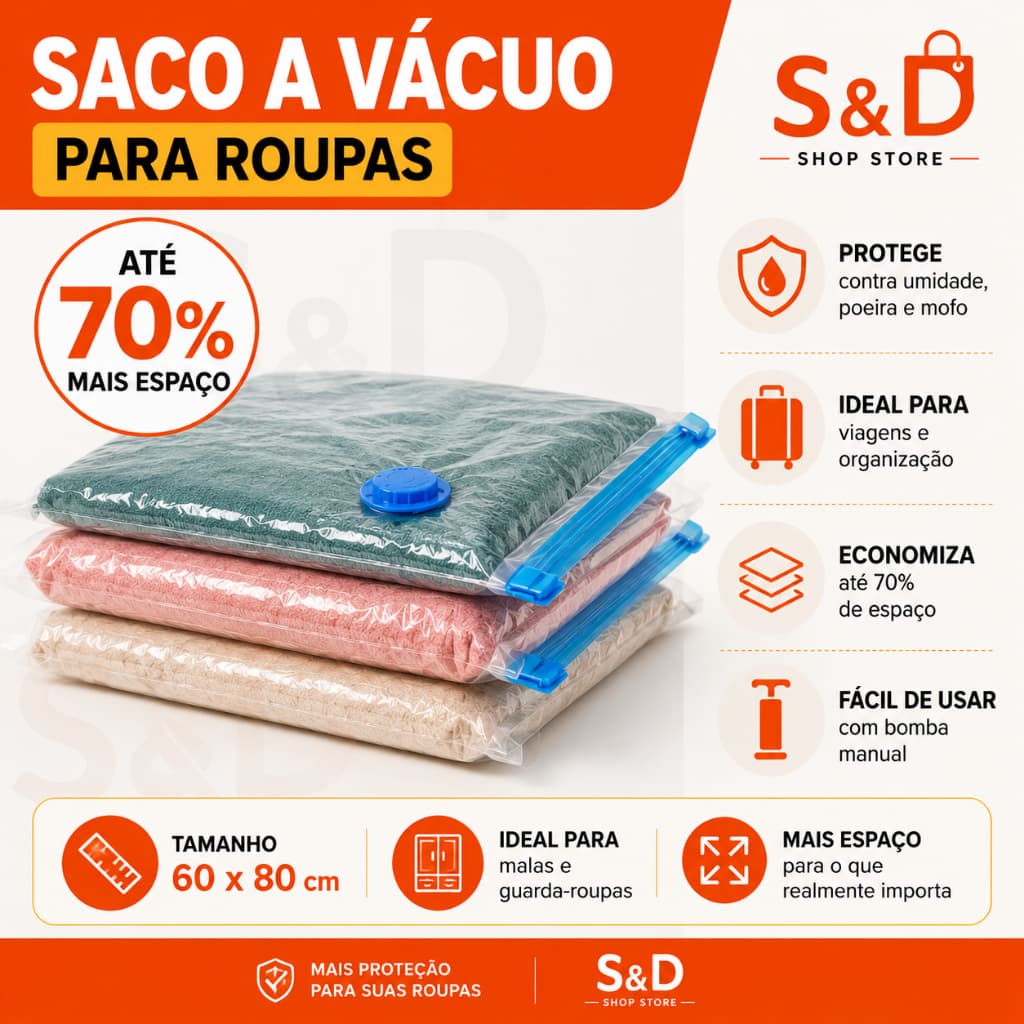 Saco a Vácuo para Roupas 60x80 - Saco de Viagem - Organizador de Mala e Guarda-Roupa