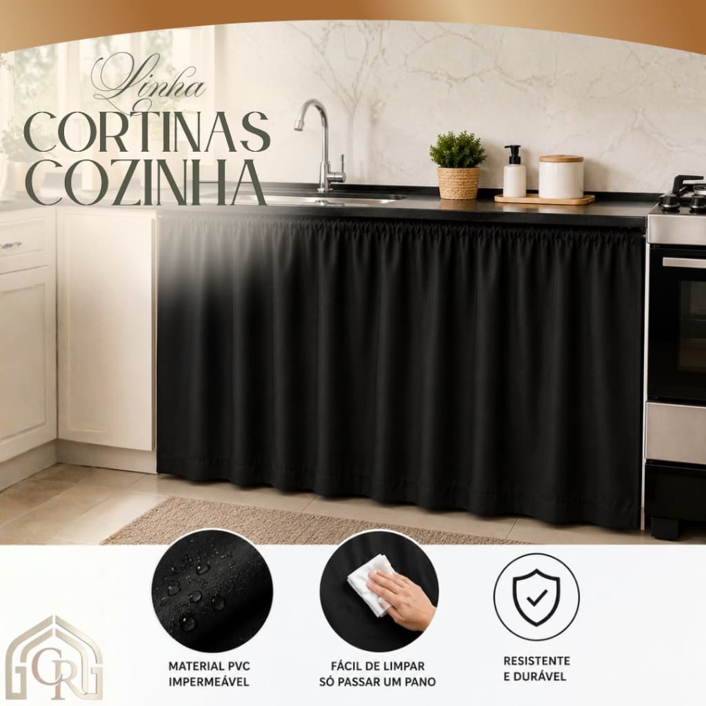 Cortina Cozinha Bancada Preta Impermeavel Anti Poeira Decoração Funcional Cortina Pia