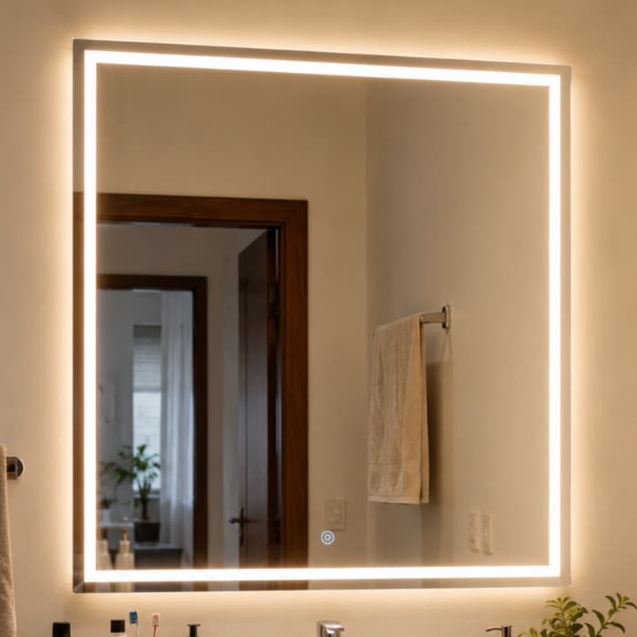 Espelho Quadrado Grande 90x90 Jateado com LED 3 Cores e Botão Touch Banheiro luxo de Parede Bivolt
