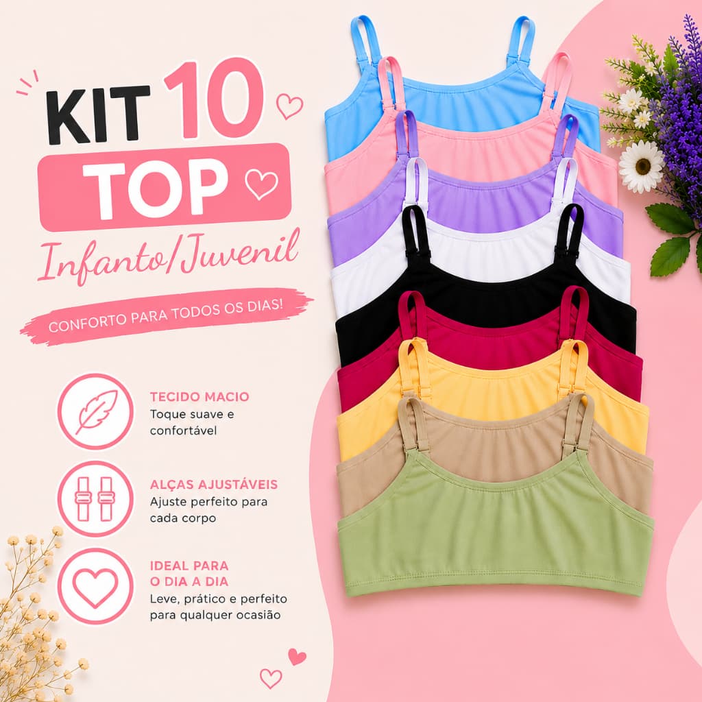 Kit 10 Sutia Infantil Juvenil Algodão Cotton Liso Alta Qualidade Conforto Top Dia a Dia Menina Moça