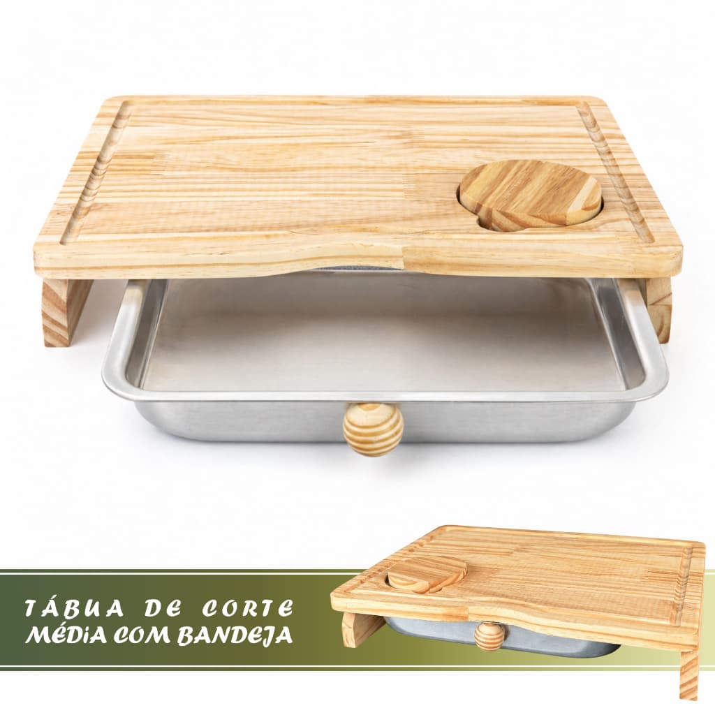 Tábua de Carne Corte Média em Pinus com Bandeja de Alumínio Removível 38x28cm