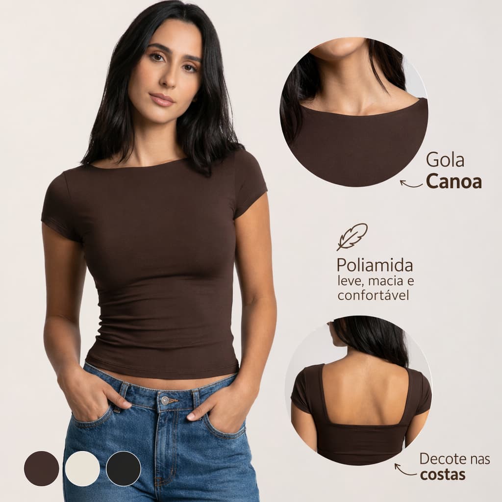 Blusa Poliamida Manga Curta Feminina Decote Costas Aberto Gola Canoa