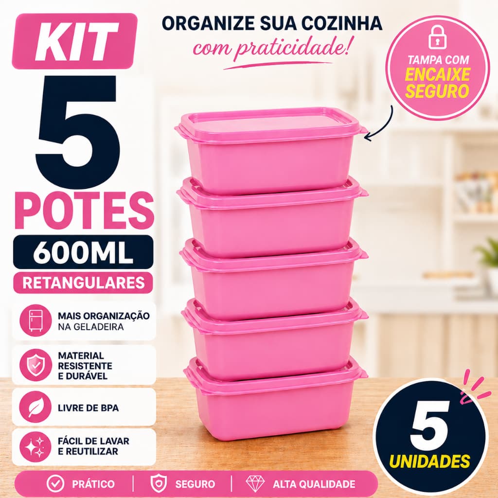 Kit 5 Potes 600ml para Cozinha Organizada | Armazenamento Prático de Alimentos