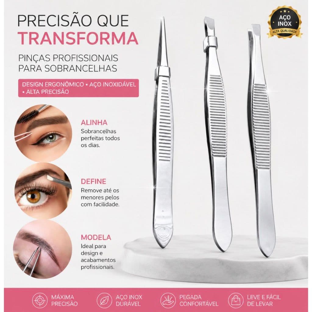 Kit 3 Pinças Profissionais Para Sobrancelha Aço Inox