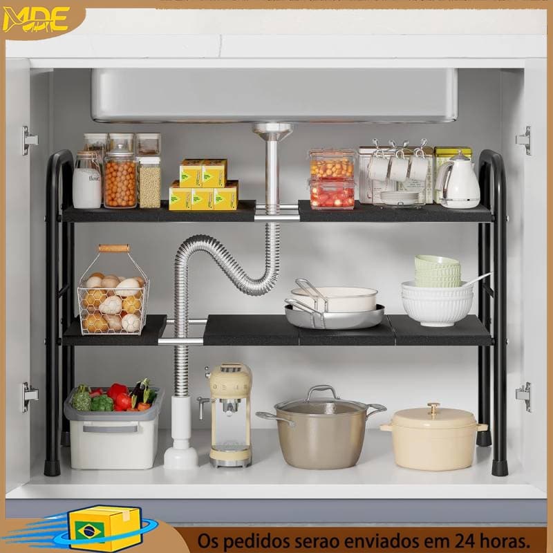 Organizador de cozinha para debaixo da pia, expansível, com painéis removíveis para panelas e frigideiras