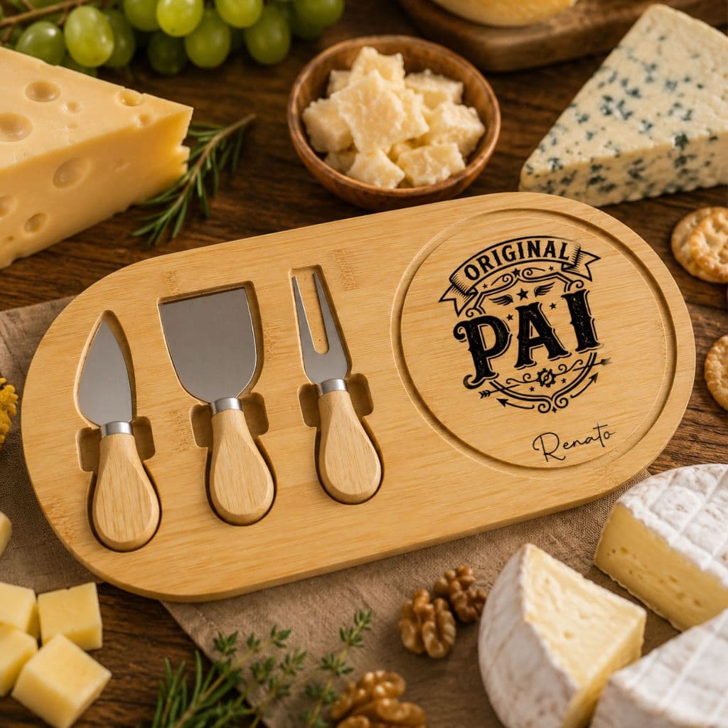 Kit Petisqueira em bambu com 3 utensílios Minimalista Personalizada com frase e nome