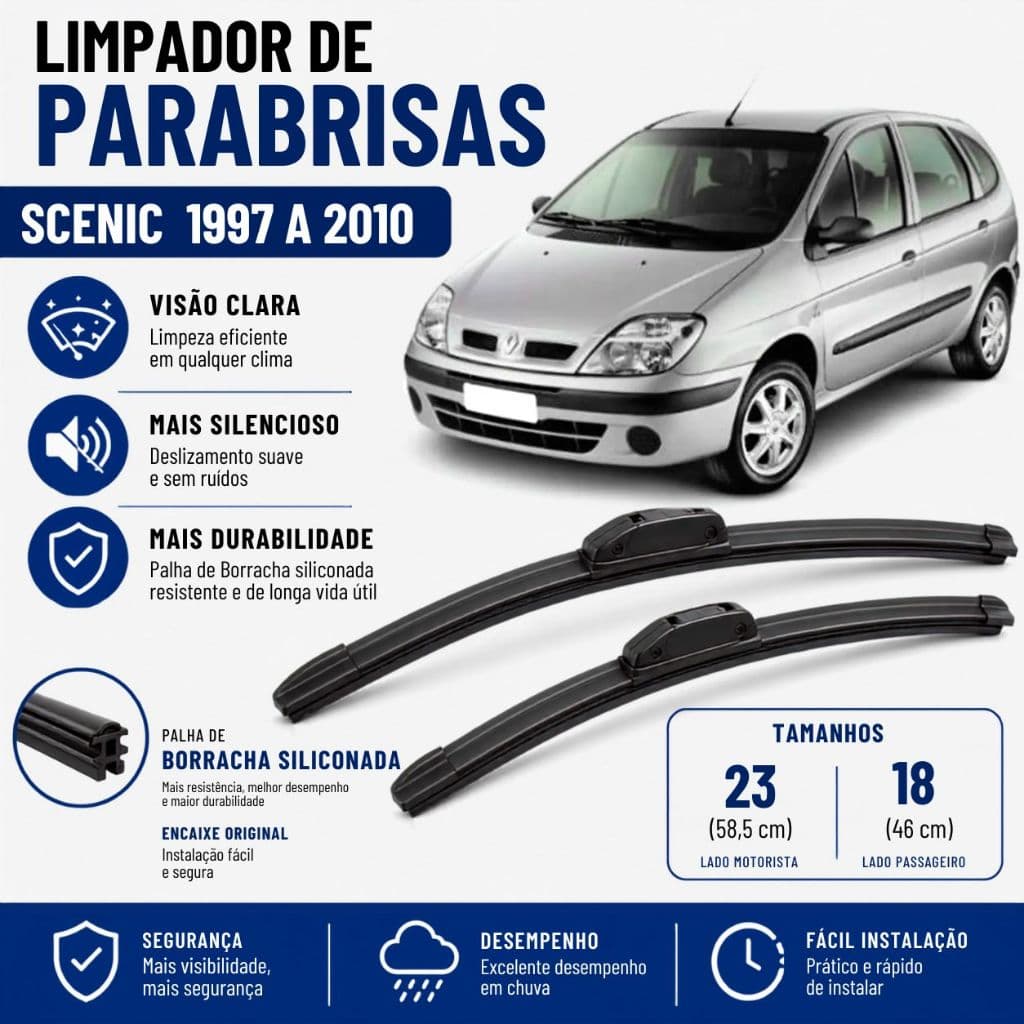 Par Palheta Limpador ParaBrisa Scenic 1997 a 2010 Silicone encaixe Gancho