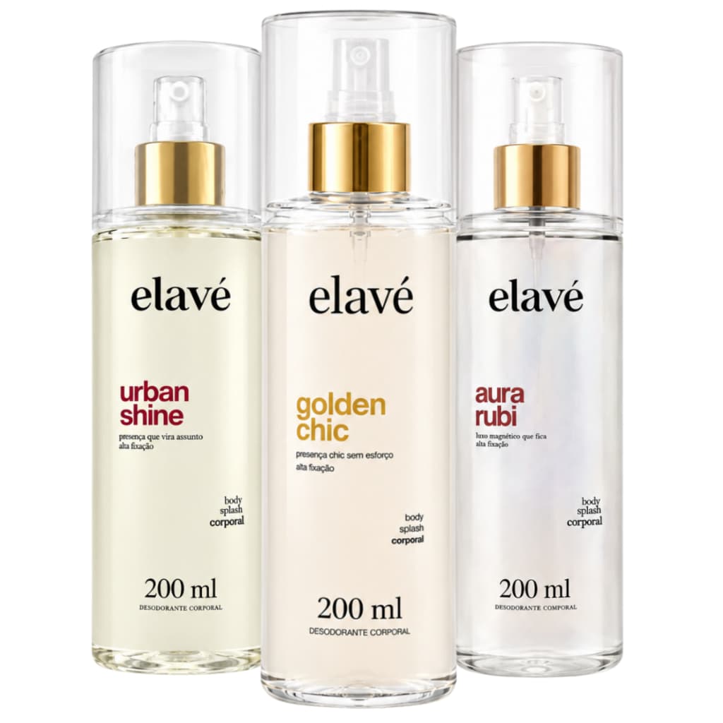 Kit Elavé Body Splash Feminino Urban Shine | Aura Rubi | Golden Chic 200ml - Inspirado 212 VIP | Baccarat | J'Adore
