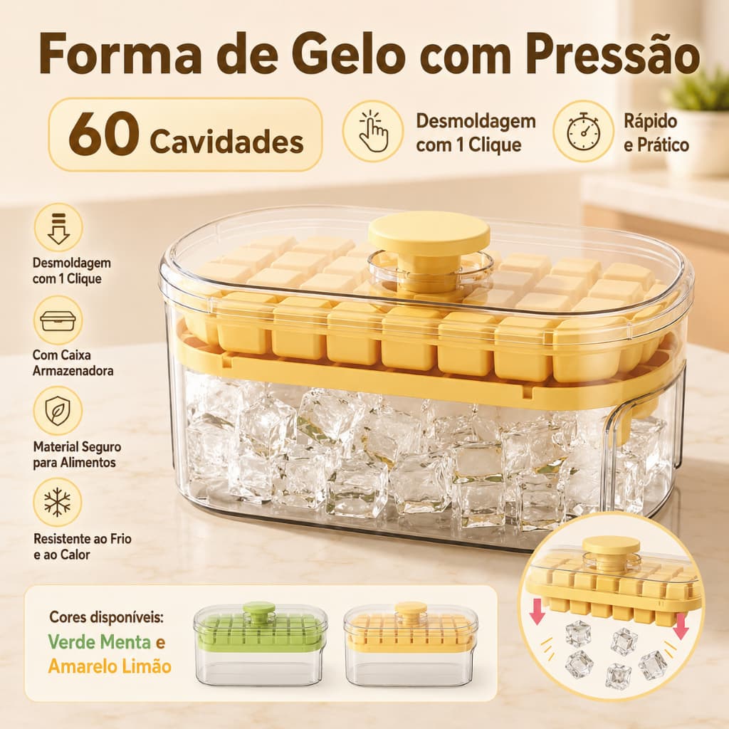 Forma de Gelo com Tampa e Dispenser 60 Cubos Desenforme por Pressão Caixa Organizadora de Gelo