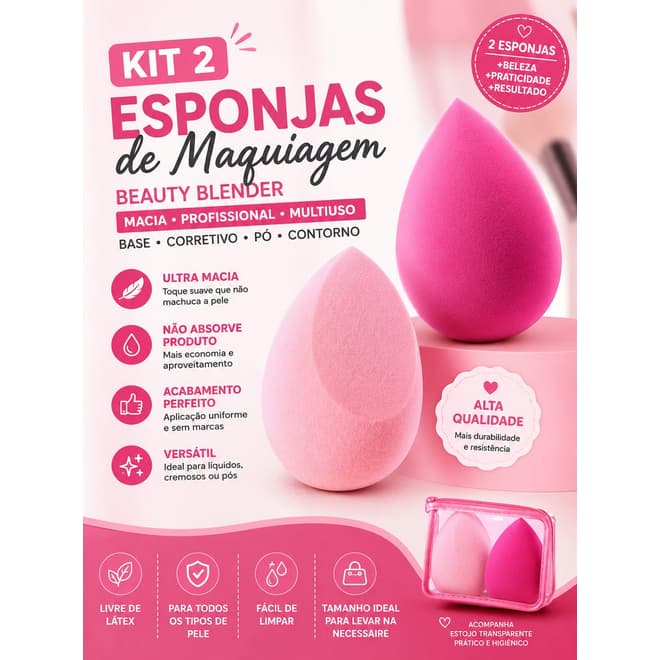 Kit 2 Esponjas de Maquiagem Beauty Blender Macia Profissional Base Corretivo Alta Qualidade
