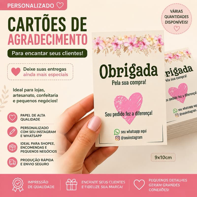 Cartão de Agradecimento Personalizado para Clientes 9x10cm | Tag Obrigada Pela Compra | Embalagem para Pequenos Negócios