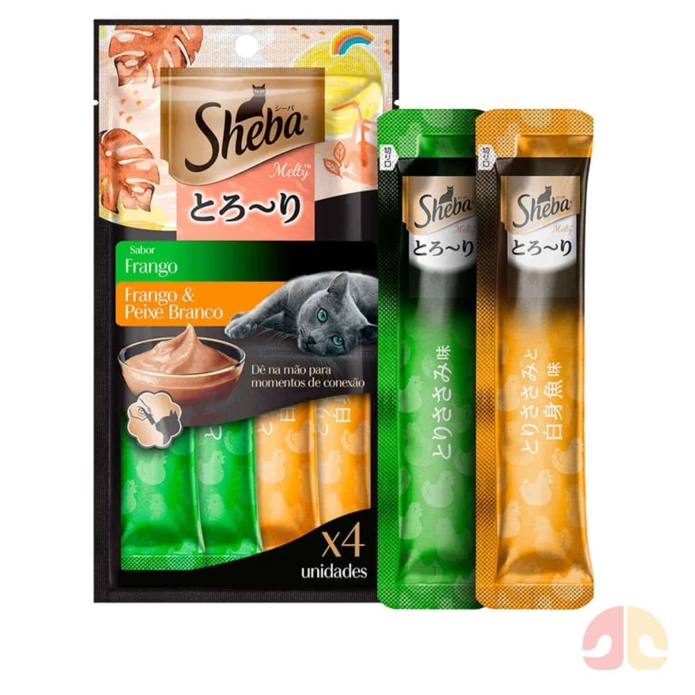 CHURU SNACK SHEBA CREMOSO Frango e Frango e Peixe Branco  PARA GATOS SABORES IRRESISTIVEIS (C/ 4 UNIDADES) 48G