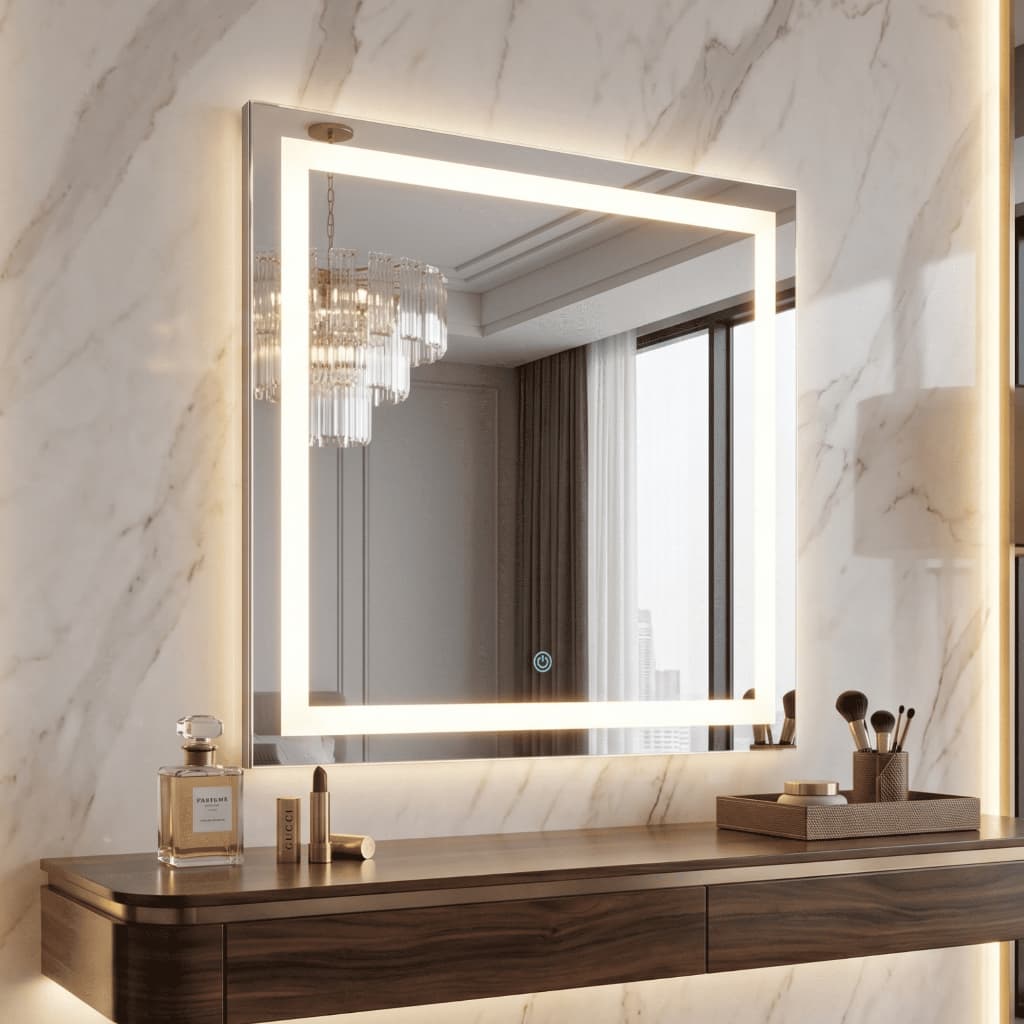 Espelho Led 80x80 Jateado Quadrado Luxo de Parede Com Botão Touch Fonte Moldura
