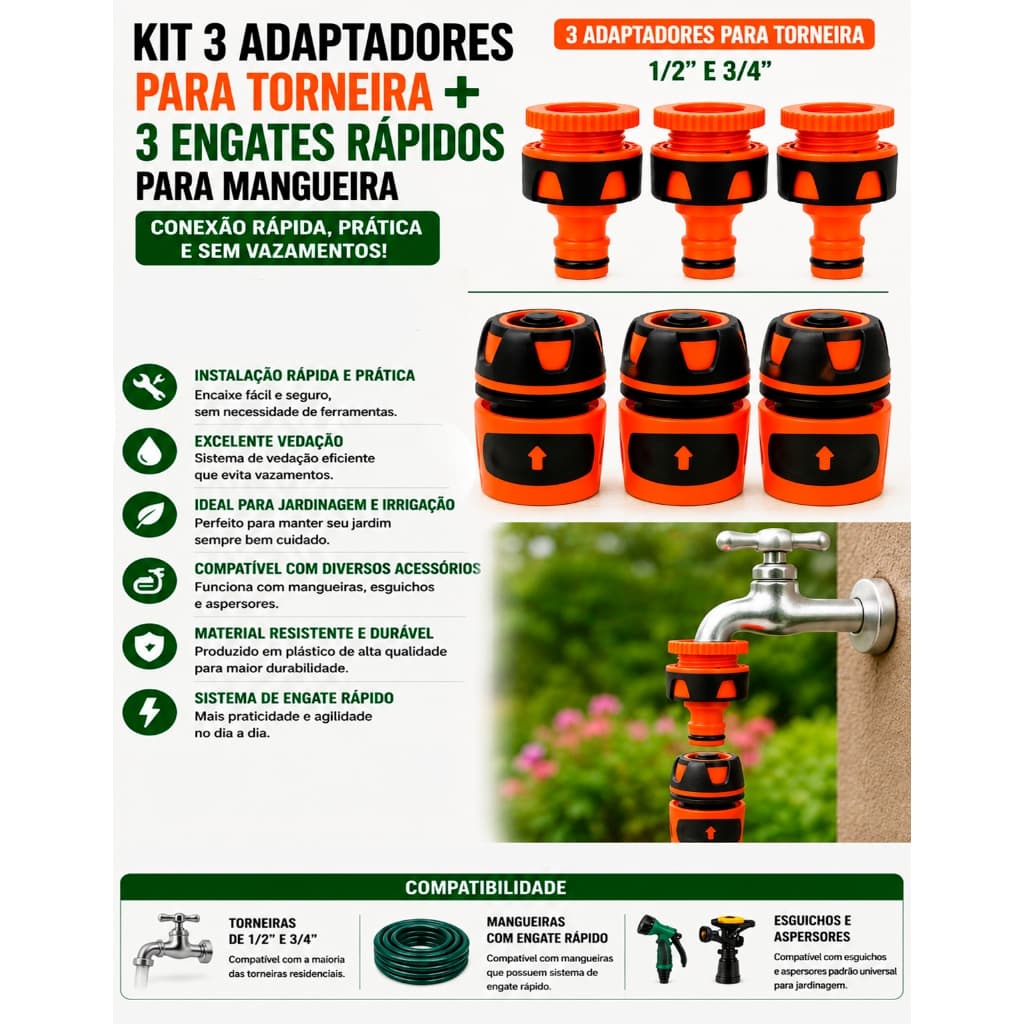 Kit 3 Adaptador Fêmea Torneira + 3 Engate Rápido Mangueira
