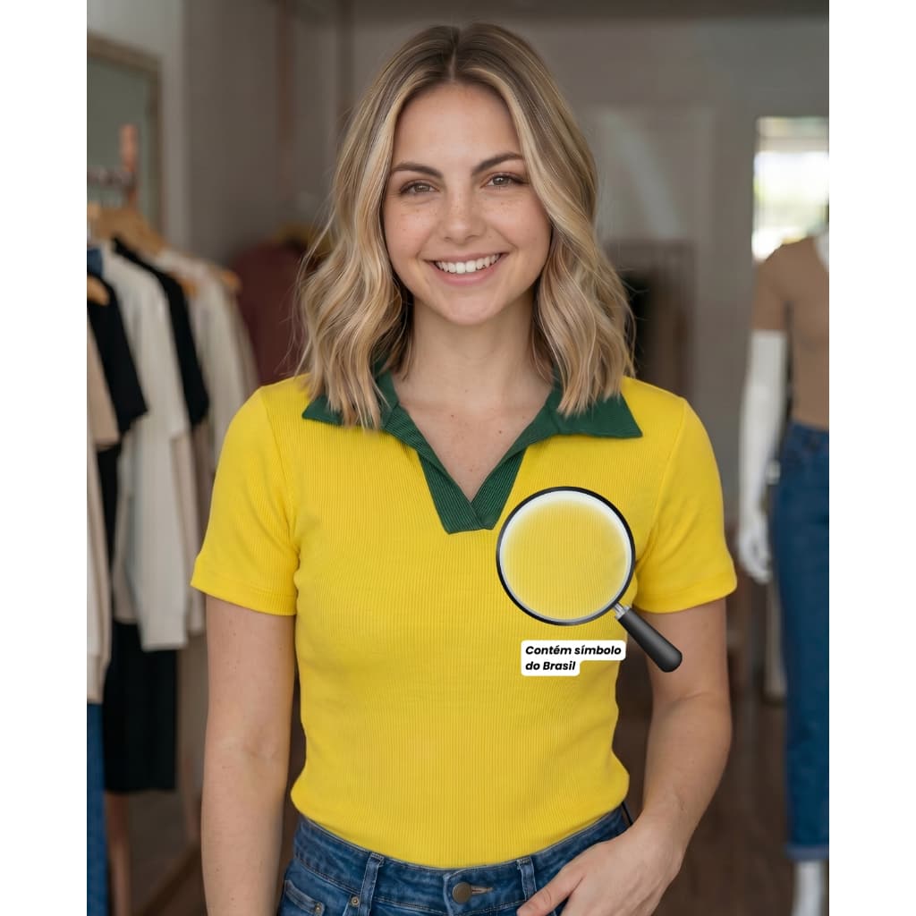 t shirt baby look Feminina Amarela brasil canelada Premium veste P ao GG Elegante casual
