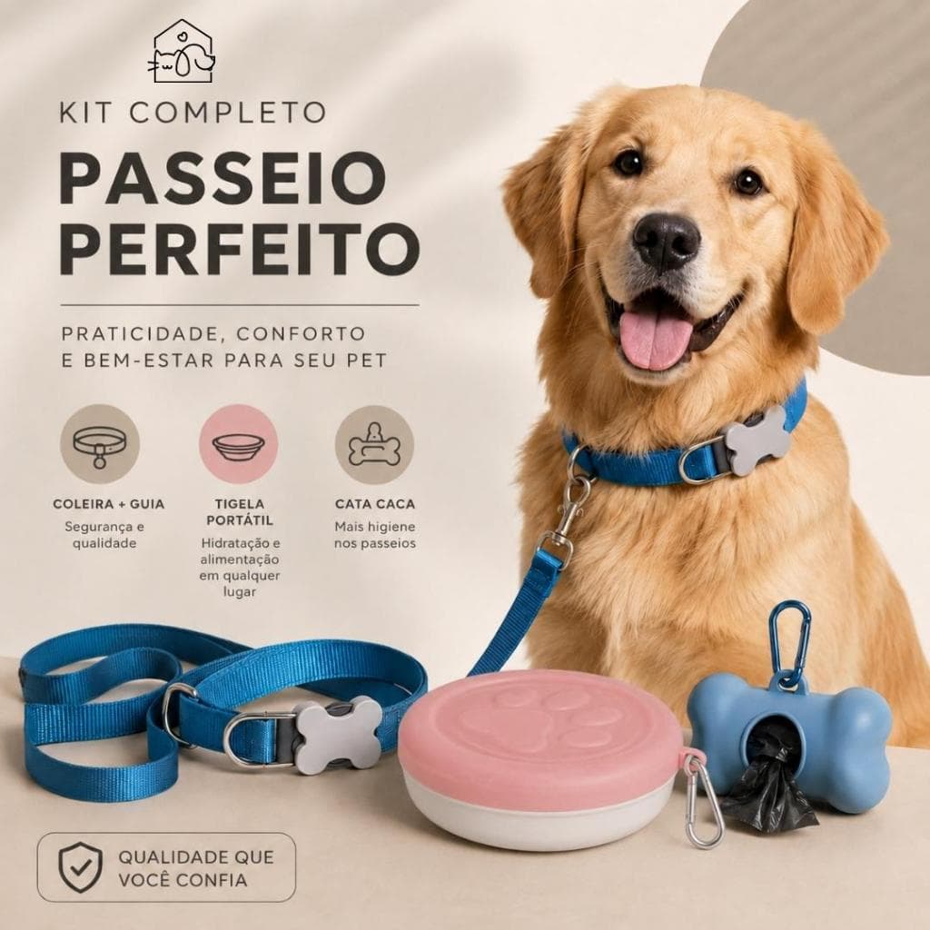 Kit Completo Para Cachorro Coleira Guia Comedouro Cata Caca