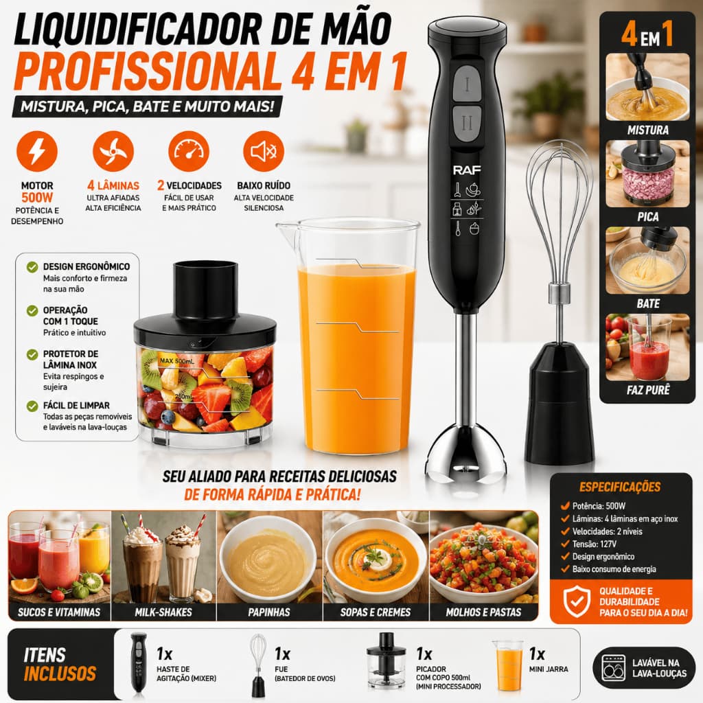 Mixer de Mão Elétrico 4 em 1 500W Liquidificador Portátil Mini Processador 127V