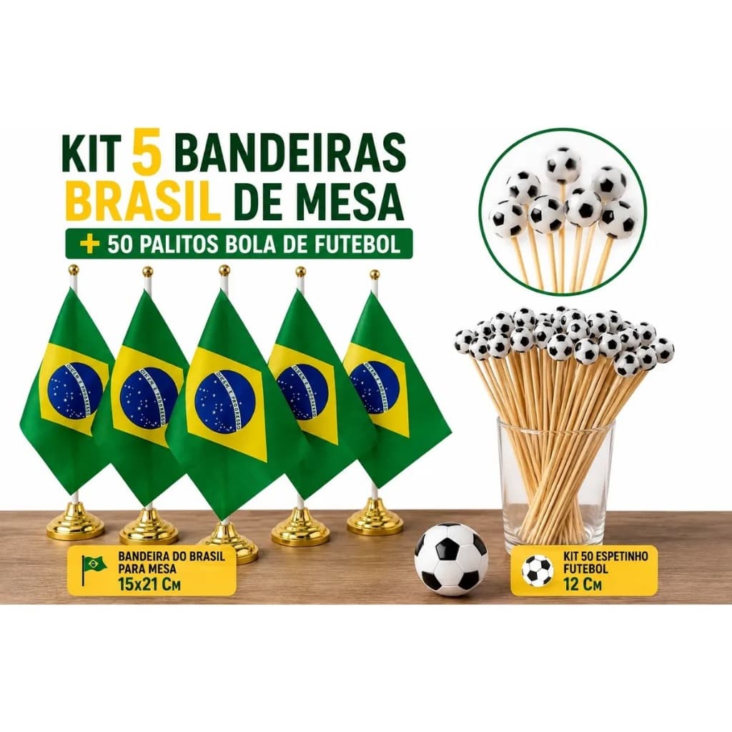 Kit 5 Bandeiras Brasil De Mesa + 50 Palitos Bola De Futebol