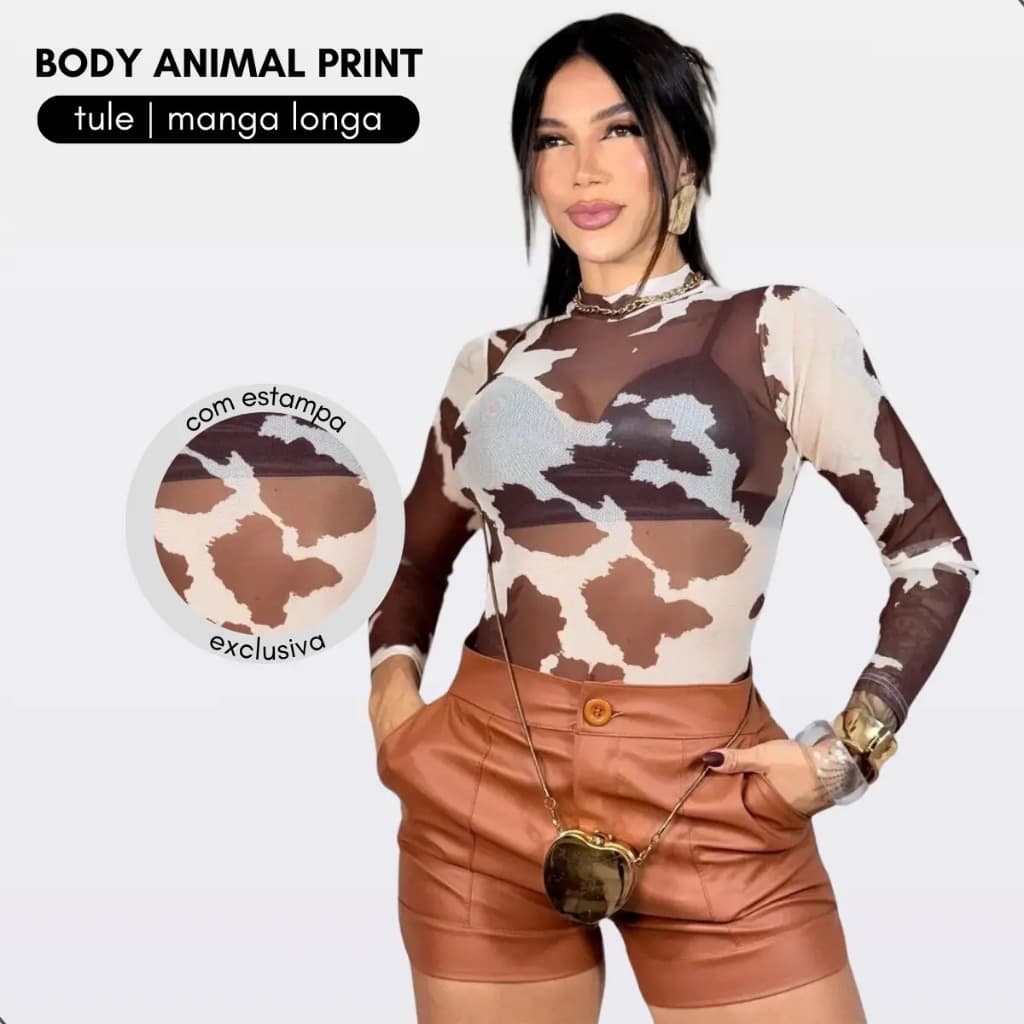 Body Feminino Em Tule Slim Fit Animal Print Estampas Onça, Vaquinha, Tie Dye, Marrom. TAM: P-M-G Tendência
