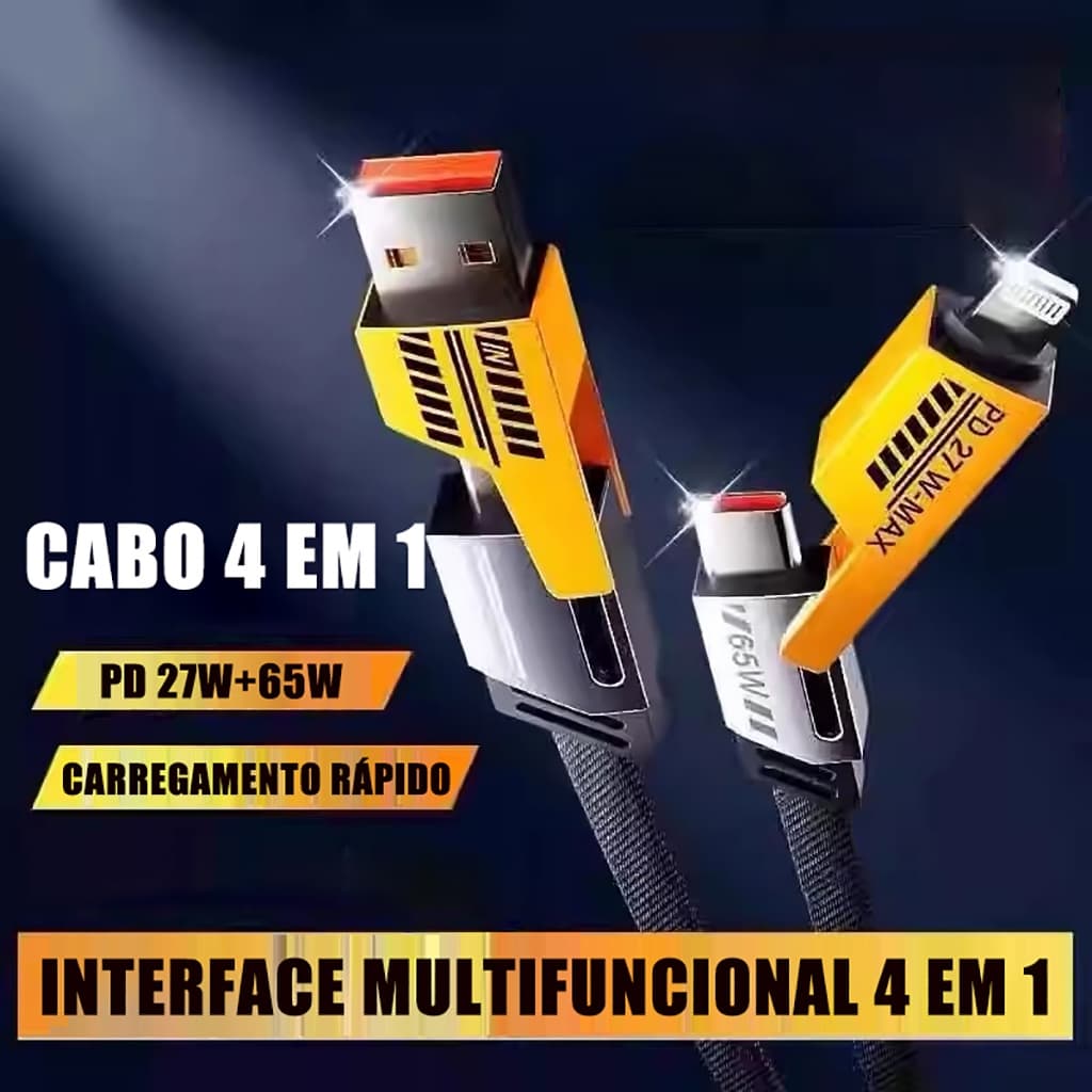 Cabo Carregador 4 em 1 USB-A Tipo C para Tipo C iP Nylon Trançado 1M Carregamento Rápido Dados
