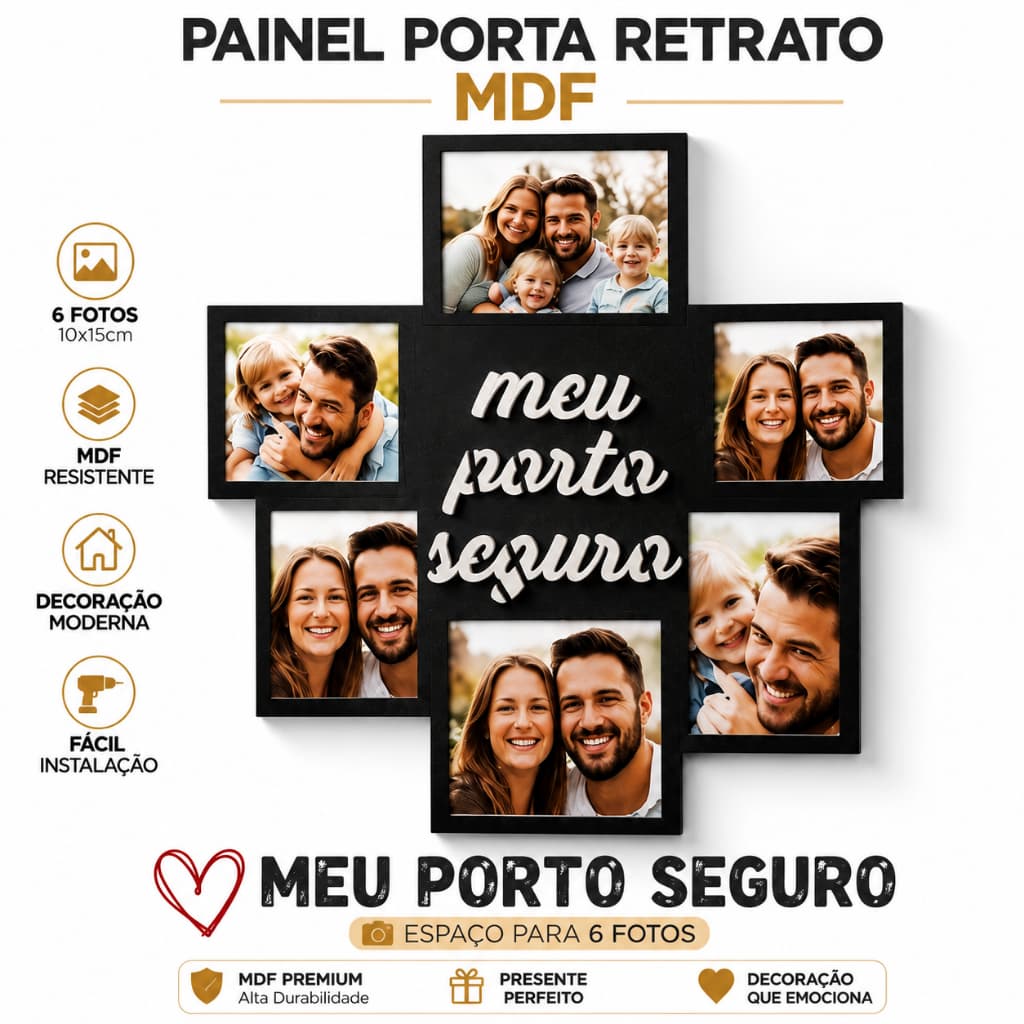 Mural De Fotos Família Porta Retrato MDF Meu Porto Seguro Quadro Decorativo Presente