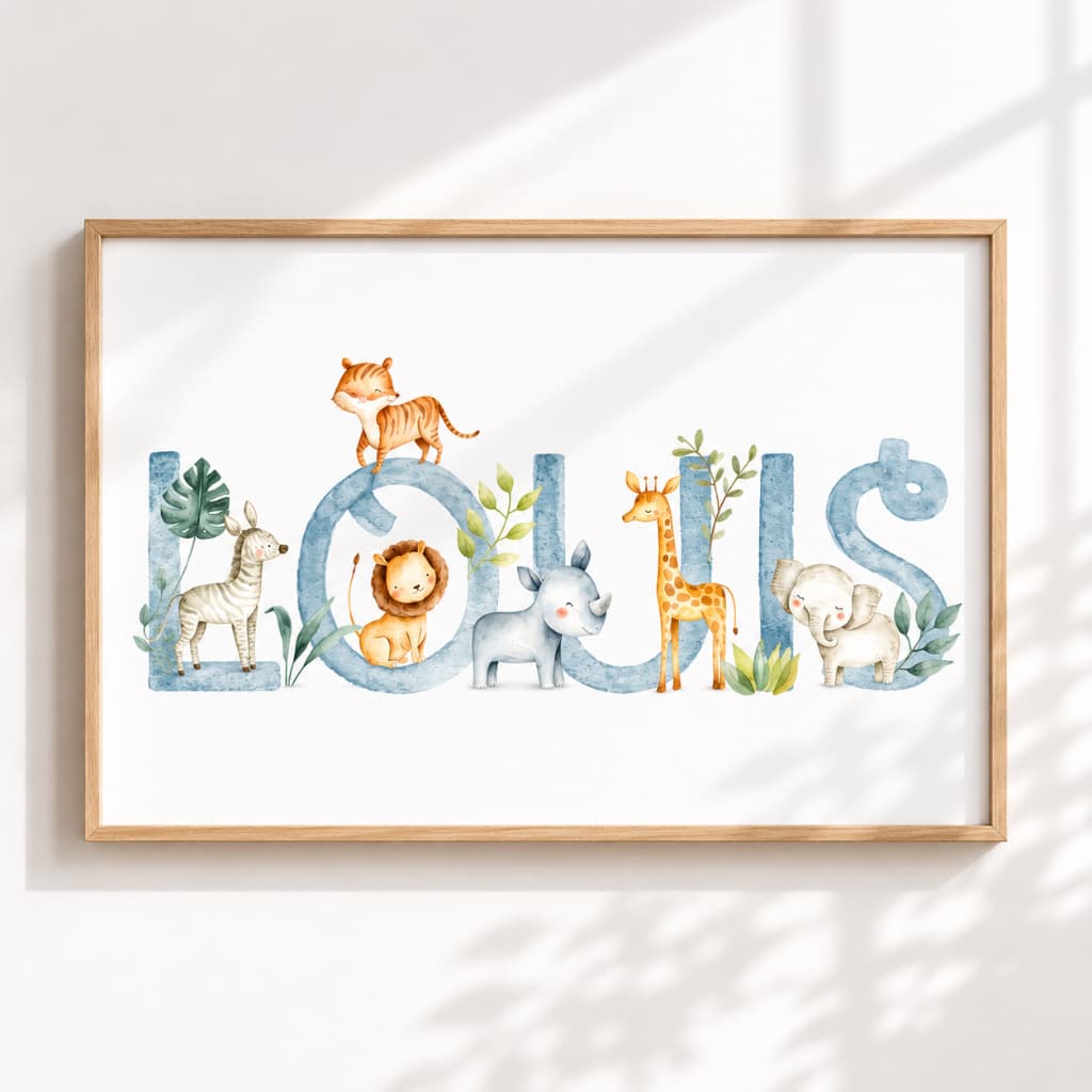 Quadro PERSONALIZADO COM NOME -Envie nome no chat | Aquarela Animais Safari | Quarto Menino – No433