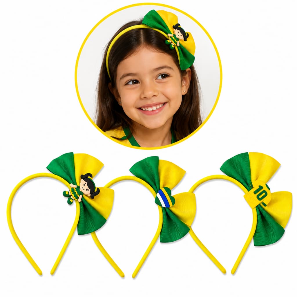 Kit 3 Tiaras Infantil Tema Brasil Copa Do Mundo Laços Sortidos Torcida