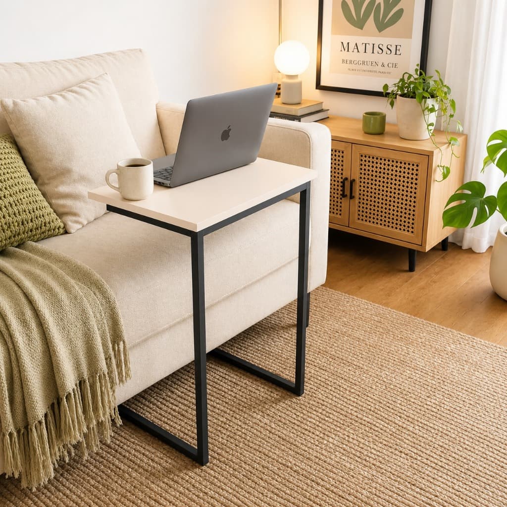 Mesa Lateral Zeus Moderna em MDF com Pés de Ferro | Mesa de Apoio para Sala, Quarto e Escritório - Off White / Preto