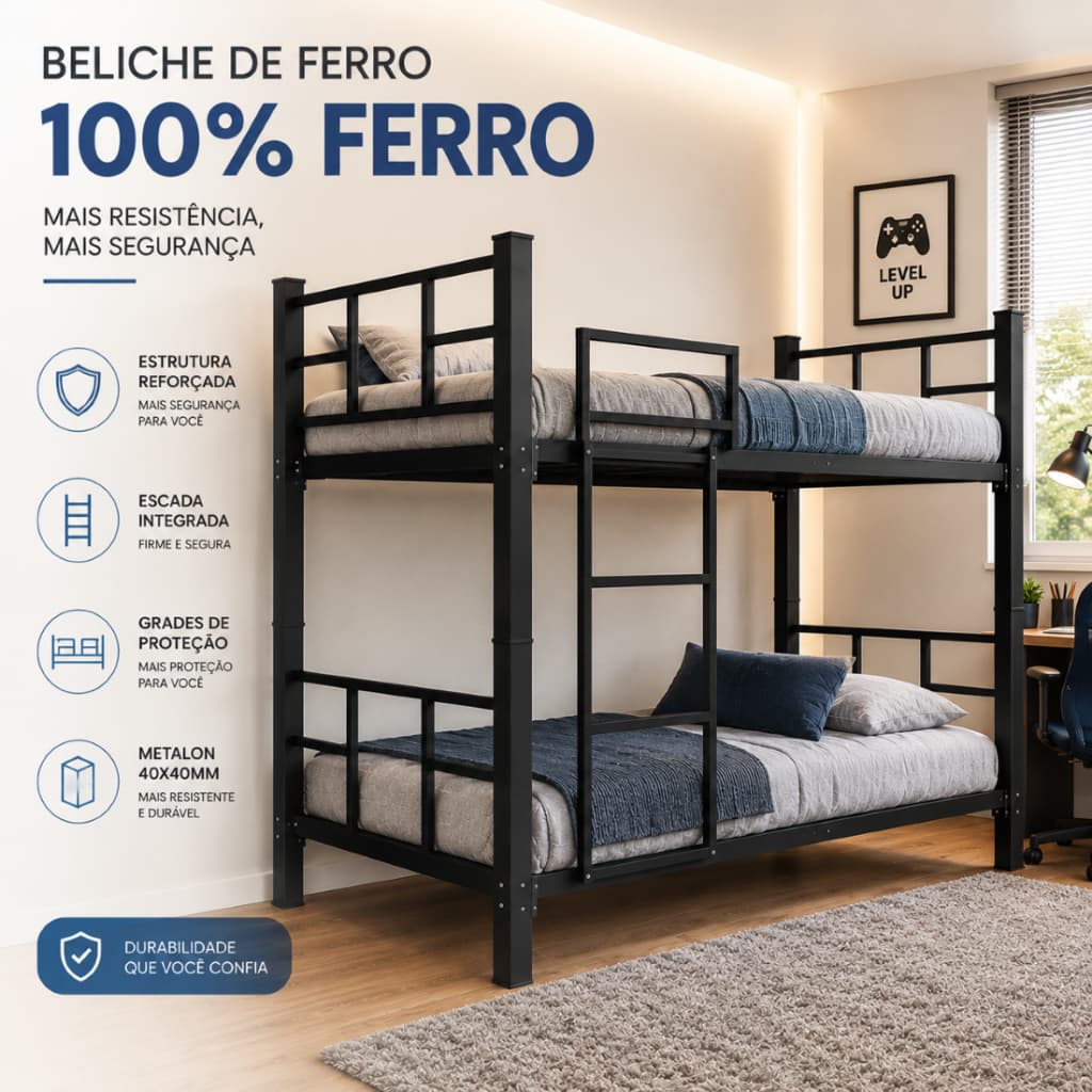 Beliche para Quarto de Solteiro 100% Ferro 40/40 com Grades de Proteção e Escadas