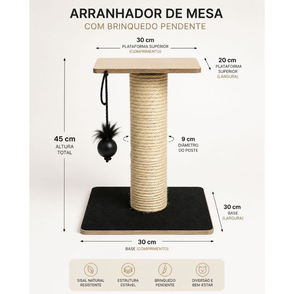 Arranhador Para Gatos Com Poste De Sisal Base Dupla Brinquedo Bolinha E Pena 45cm
