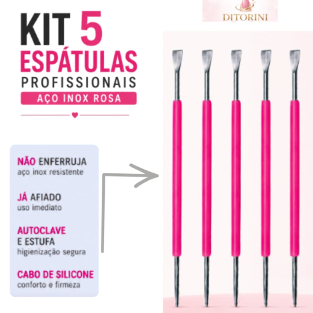 Kit 5 Espátulas Mista Cutícula Inox Profissional Rosa Manicure Pedicure Aço Inox