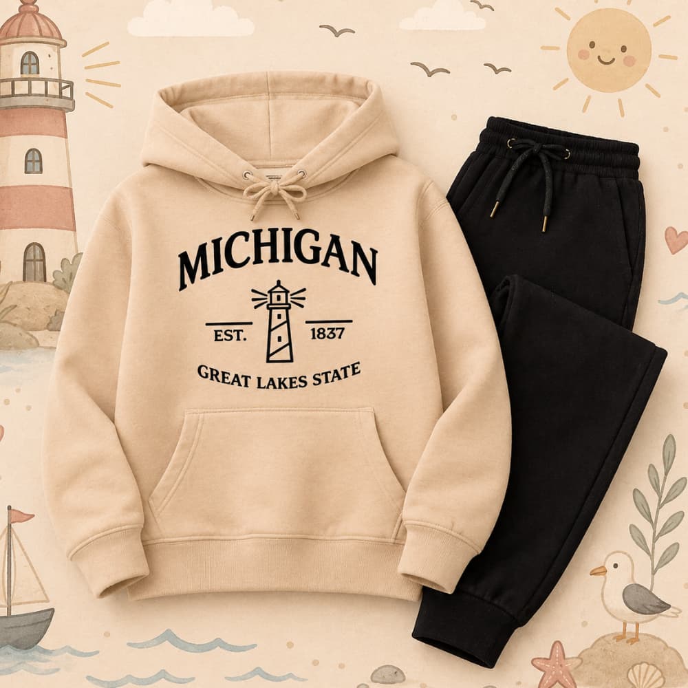 Conjunto Moletom Agasalho Infantil Michigan Farol Navios com Capuz e Bolso Canguru Inverno