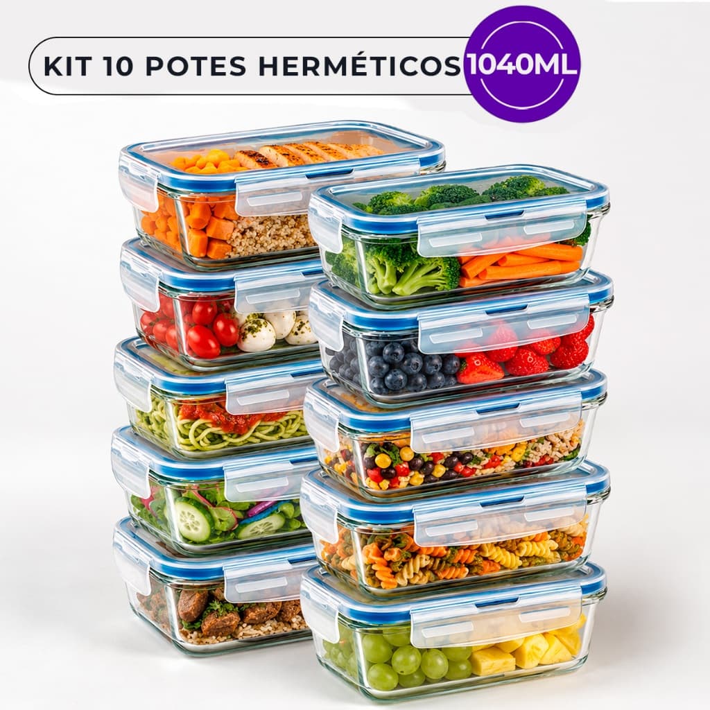Kit 10 Pote Vidro 1040ml Hermético Retangular 4 Travas Marmita Microondas Borossilicato