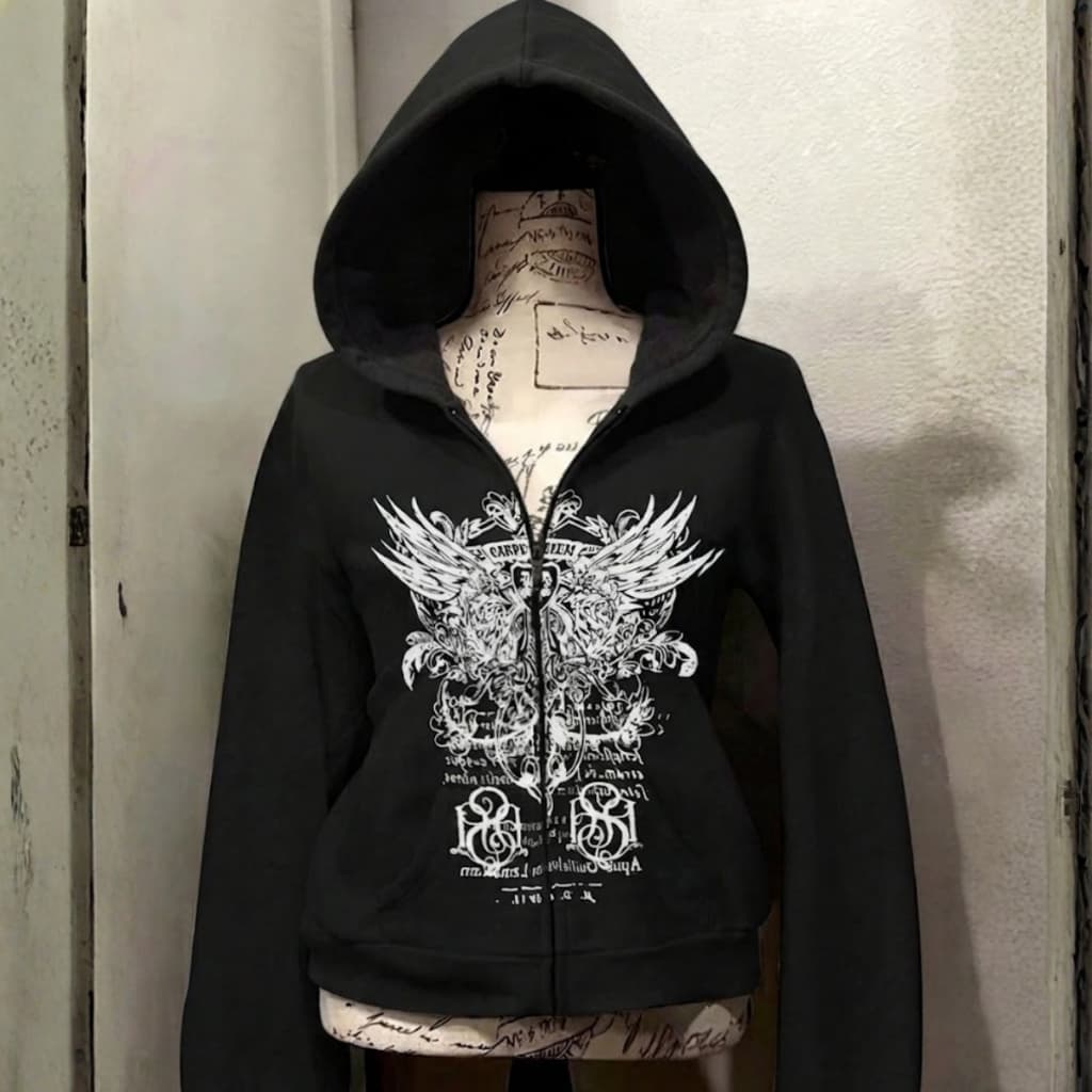Moletom Casaco Zíper Estampa Gótica Asas Y2K E-Girl Goth Grunge Grunge Streetwear