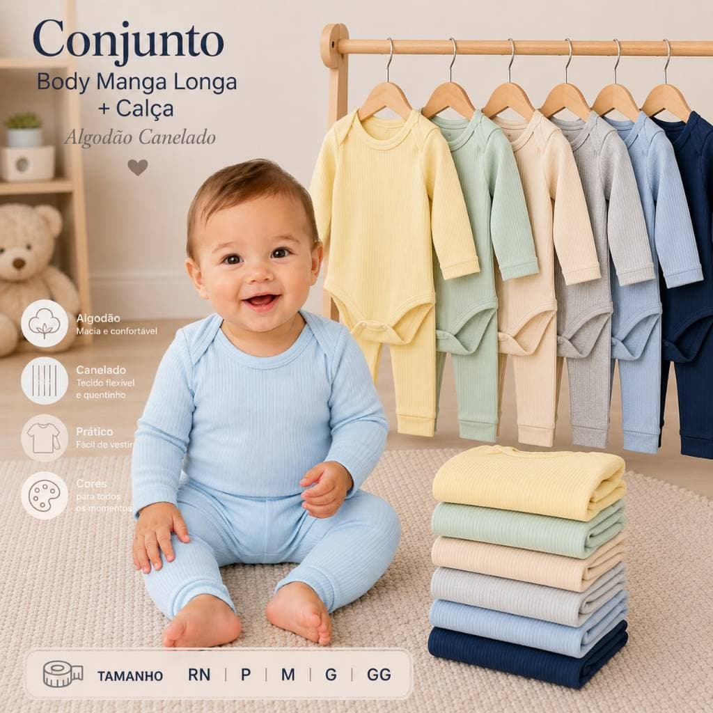 Kit 6 Peças Body Canelado Manga Longa Menina e Menino Roupa para bebê Conjunto de Bebê. Tam RN ao GG