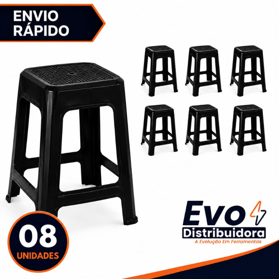 Kit 8 Banqueta Preta De Plástico Resistente Reforçada Adulto Suporta Até 120kg