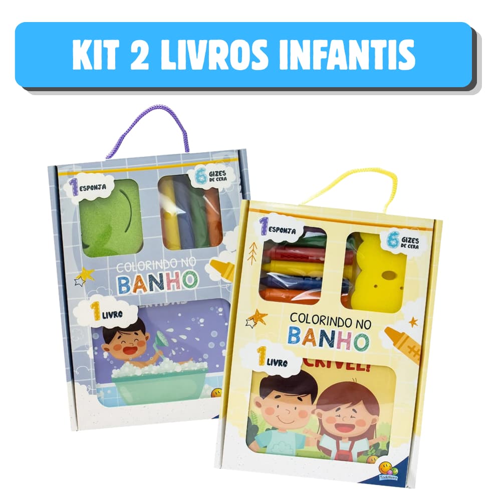 Kit 2 Livros Infantis de Banho para Bebê + 12 Gizes de cera + 2 Esponjas