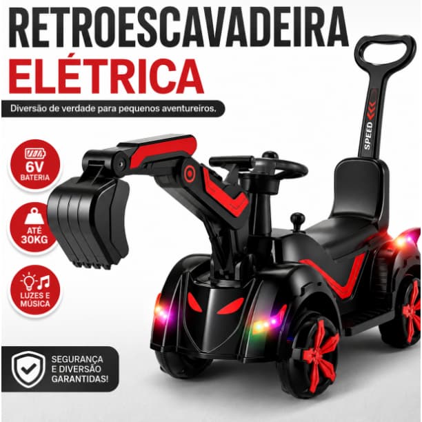 Retroescavadeira Elétrica Infantil 6V Com Luzes Música Pá Móvel Até 30kg