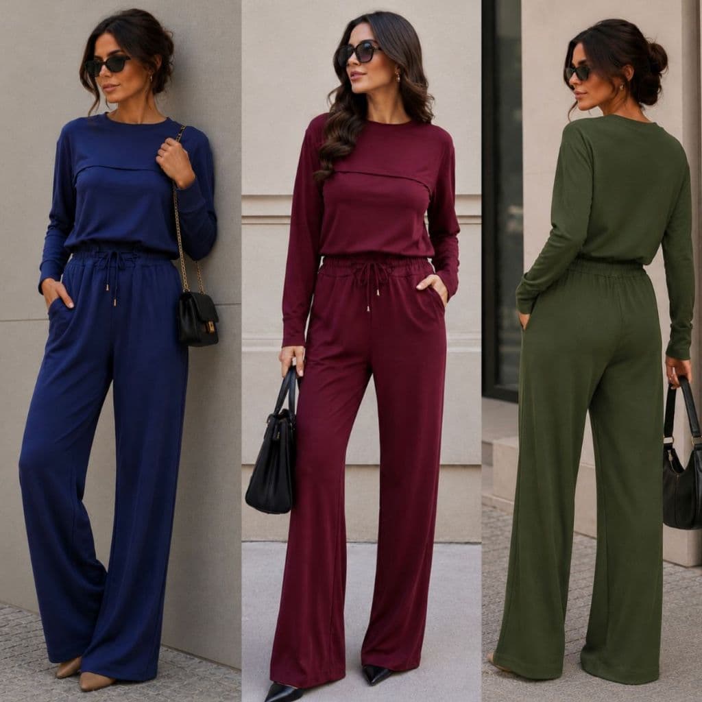 Conjunto Feminino Inverno Moletinho Confortável Calça Cintura Alta Blusa Mangas Compridas