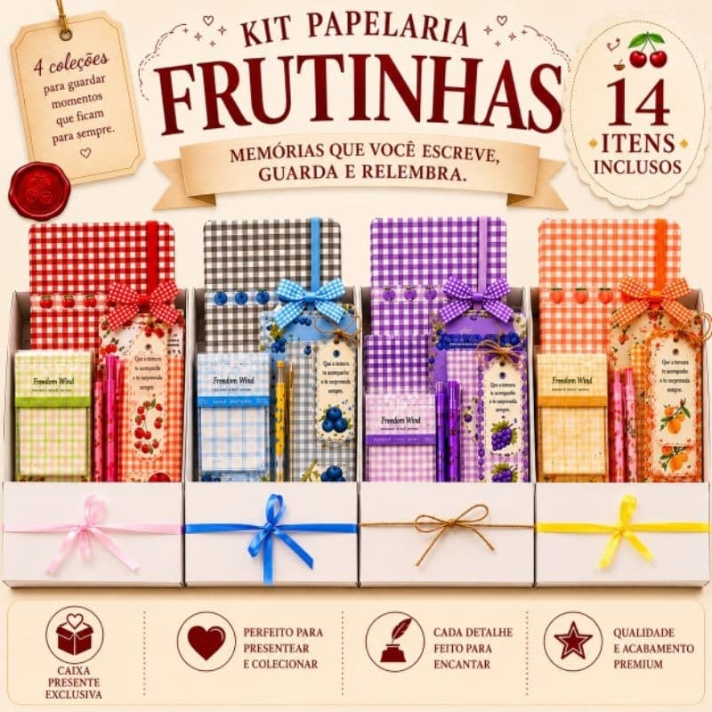 Kit Papelaria Frutinhas 14 Itens Caderno Caneta Envelope Papel Carta Presente Fofo Kawaii